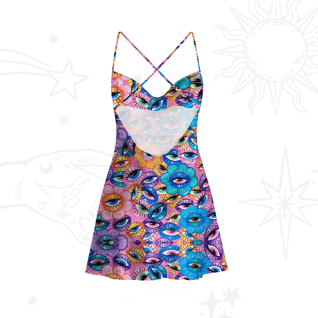 Purplehecate Psyche Eyes Satin Cross Back Mini Dress