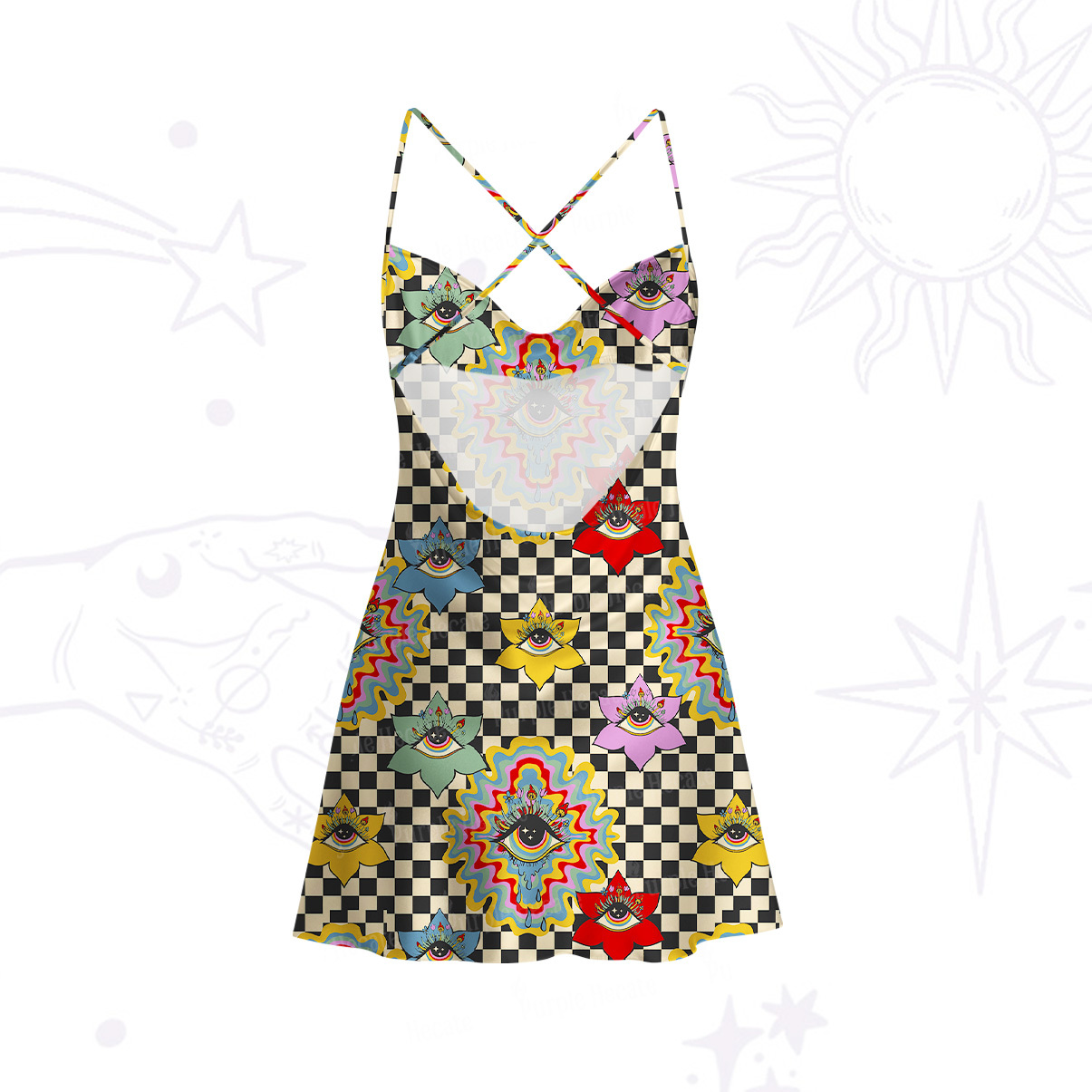 Purplehecate Trippy Vision Satin Cross Back Mini Dress