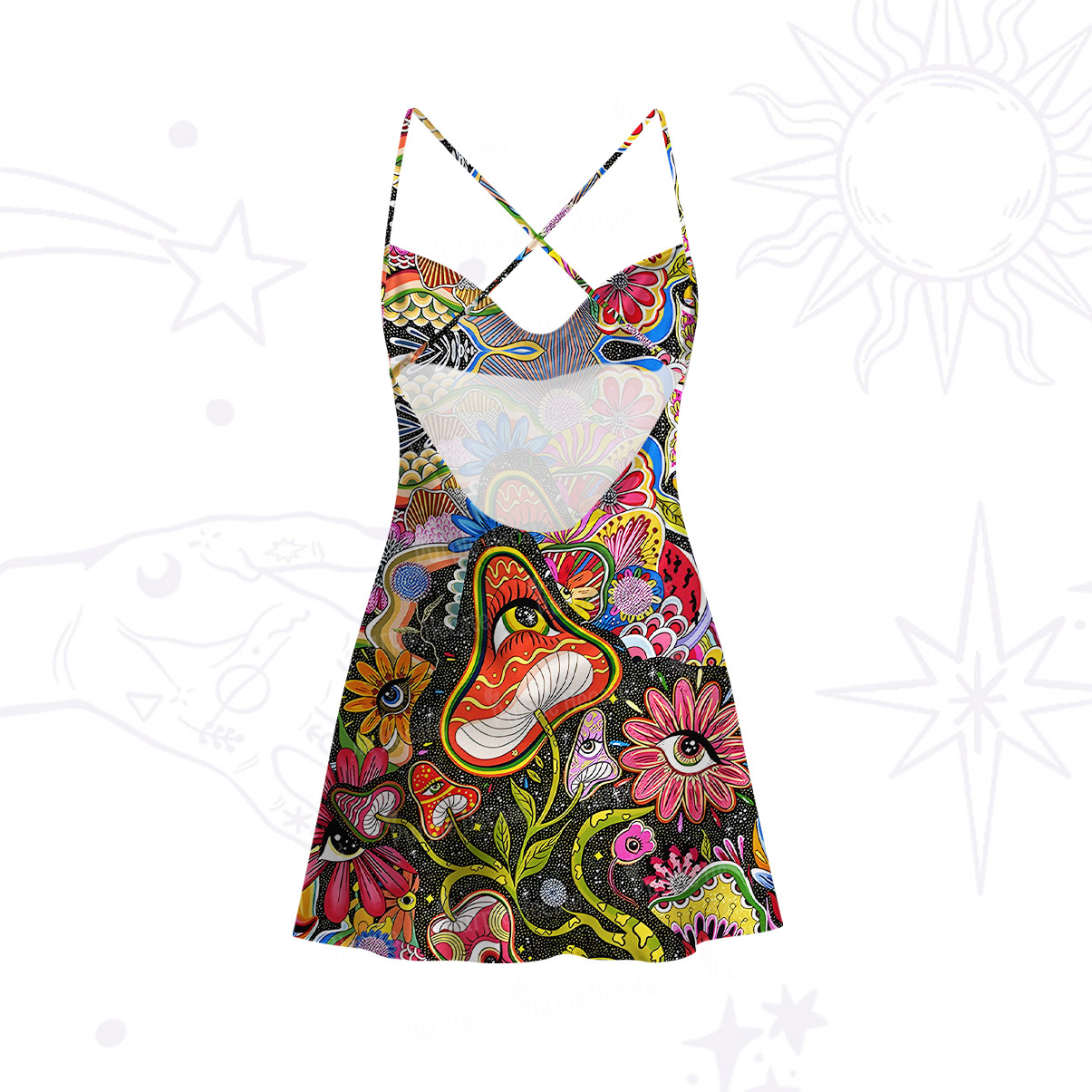 Purplehecate Magic Mushroom Meadow Satin Cross Back Mini Dress