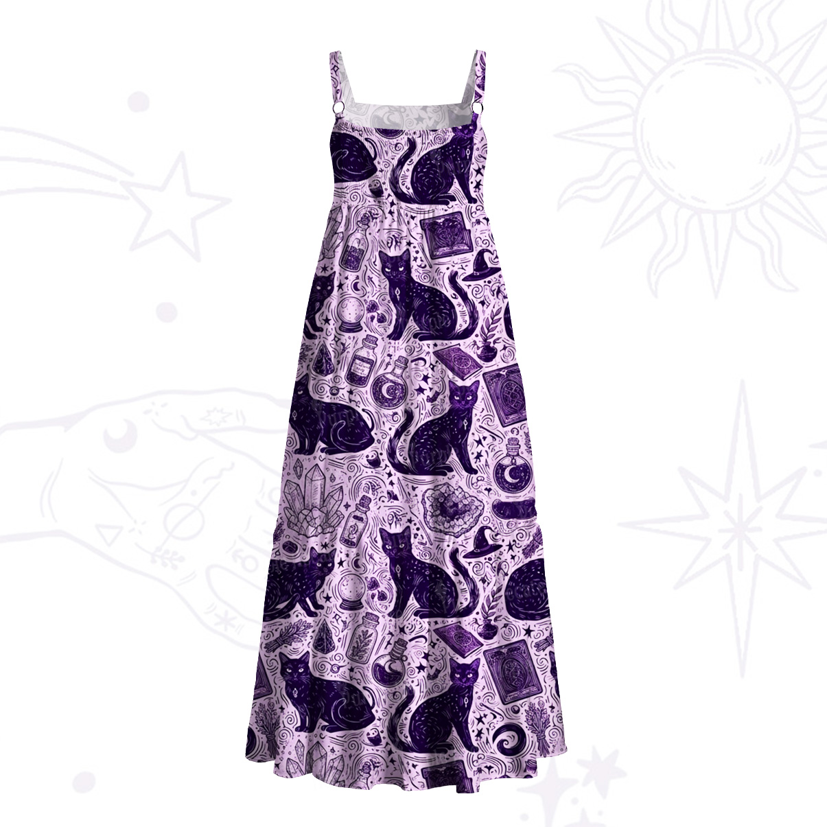 Purplehecate Midnight Black Cat Witch Potion Wide Straps Maxi Dress