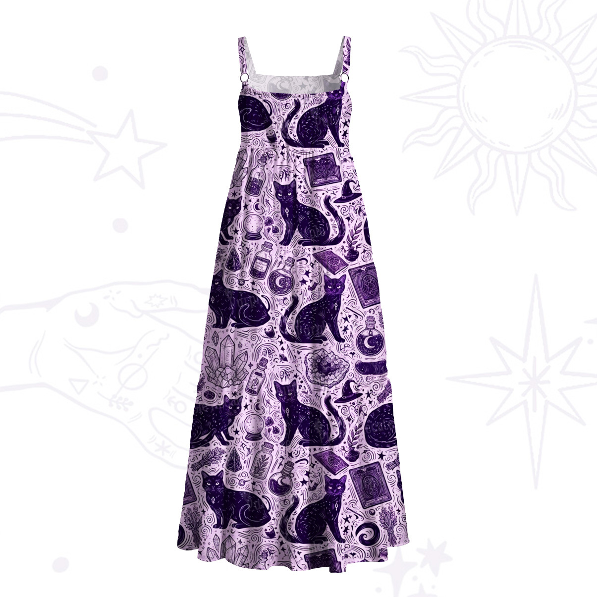 Purplehecate Midnight Black Cat Witch Potion Wide Straps Maxi Dress