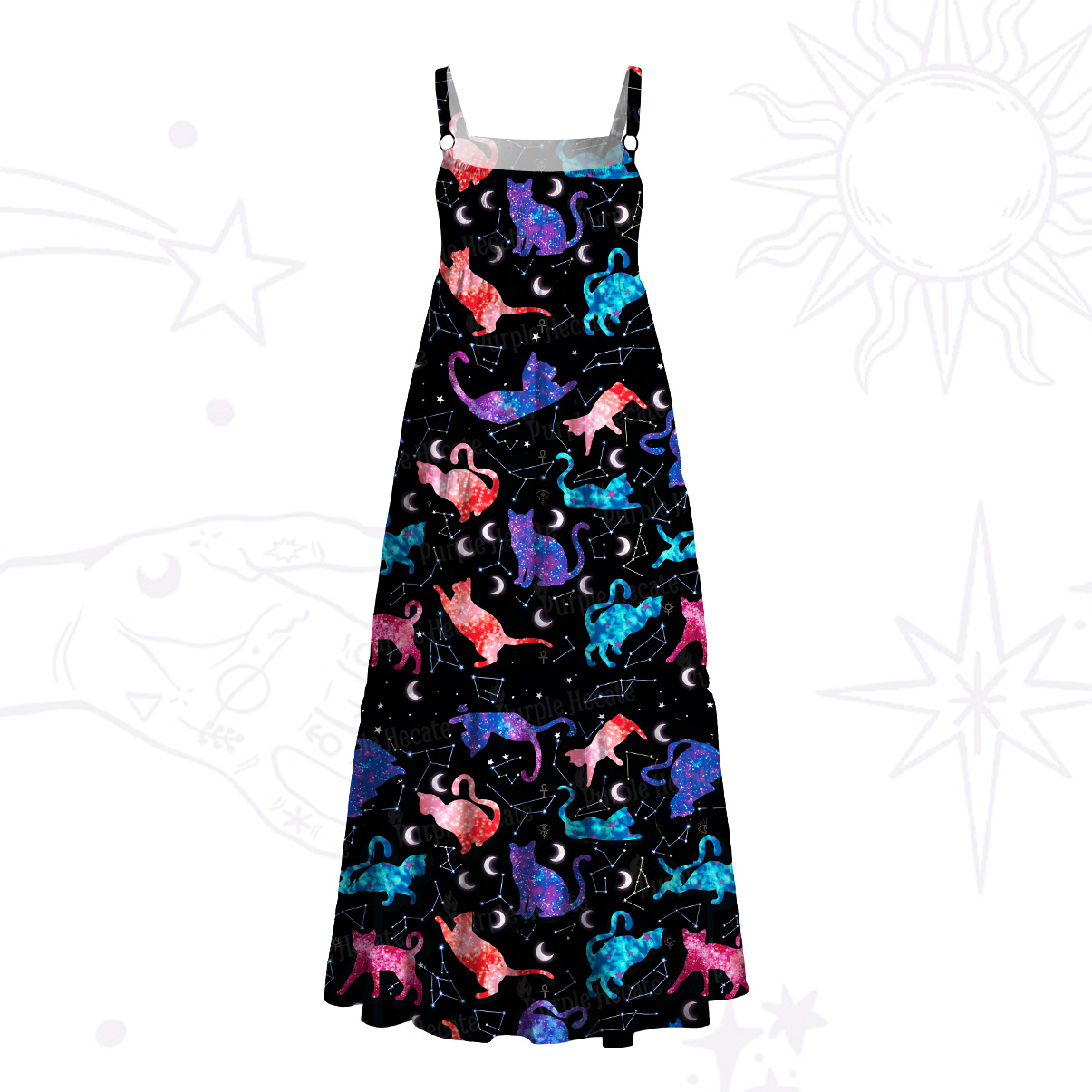 Purplehecate Zodiac Cats Wide Straps Maxi Dress