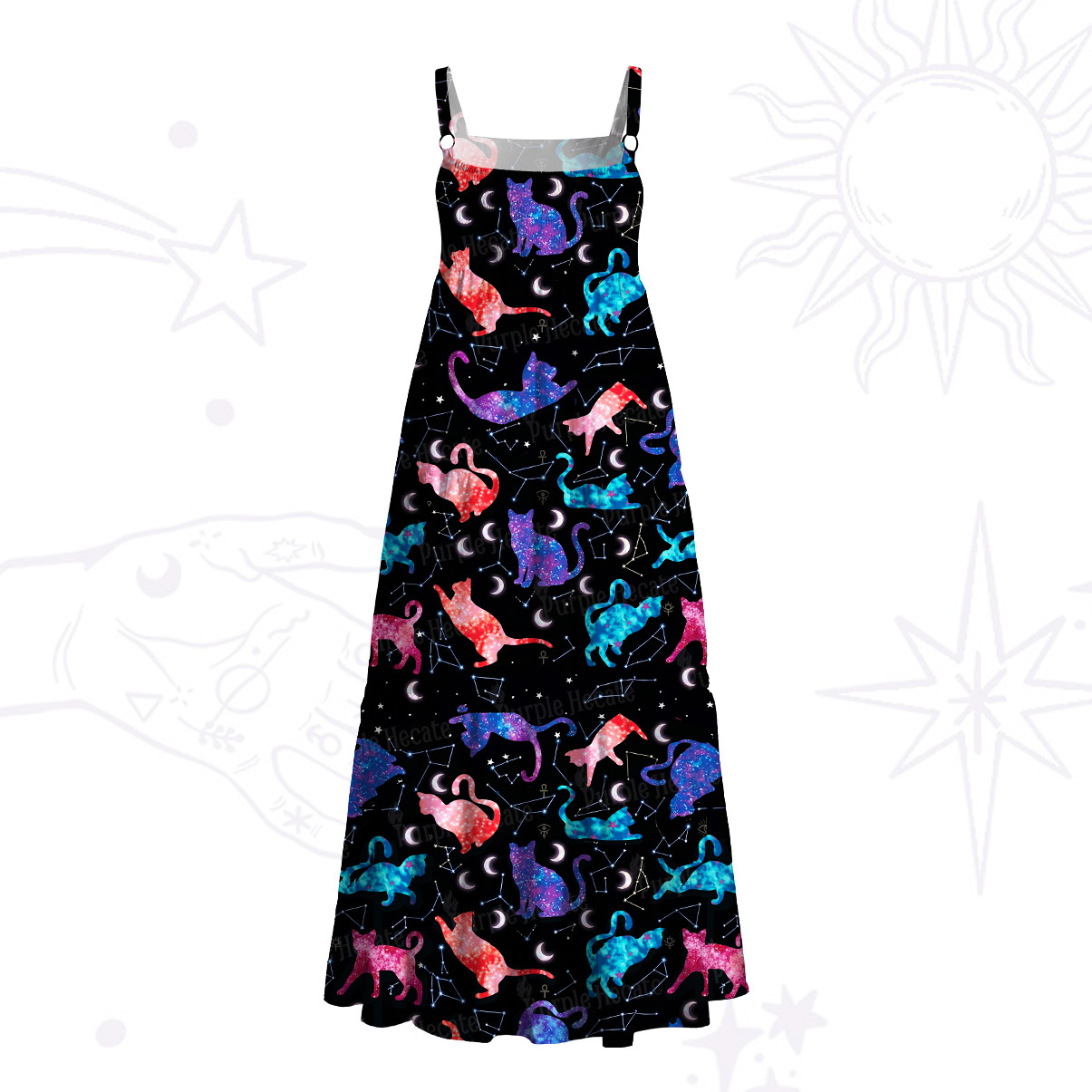Purplehecate Zodiac Cats Wide Straps Maxi Dress