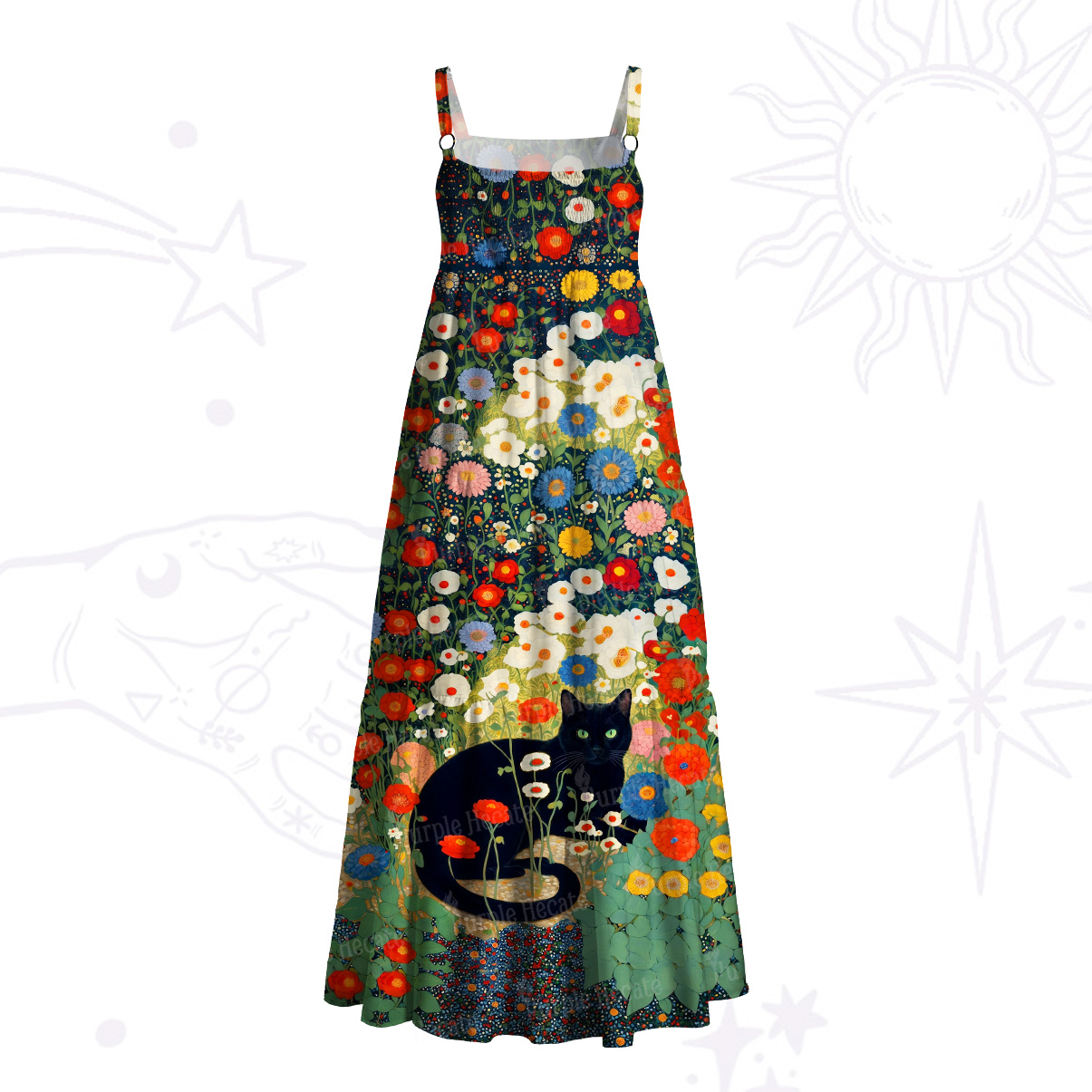 Purplehecate Vintage The Cat in Bloom Wide Straps Maxi Dress