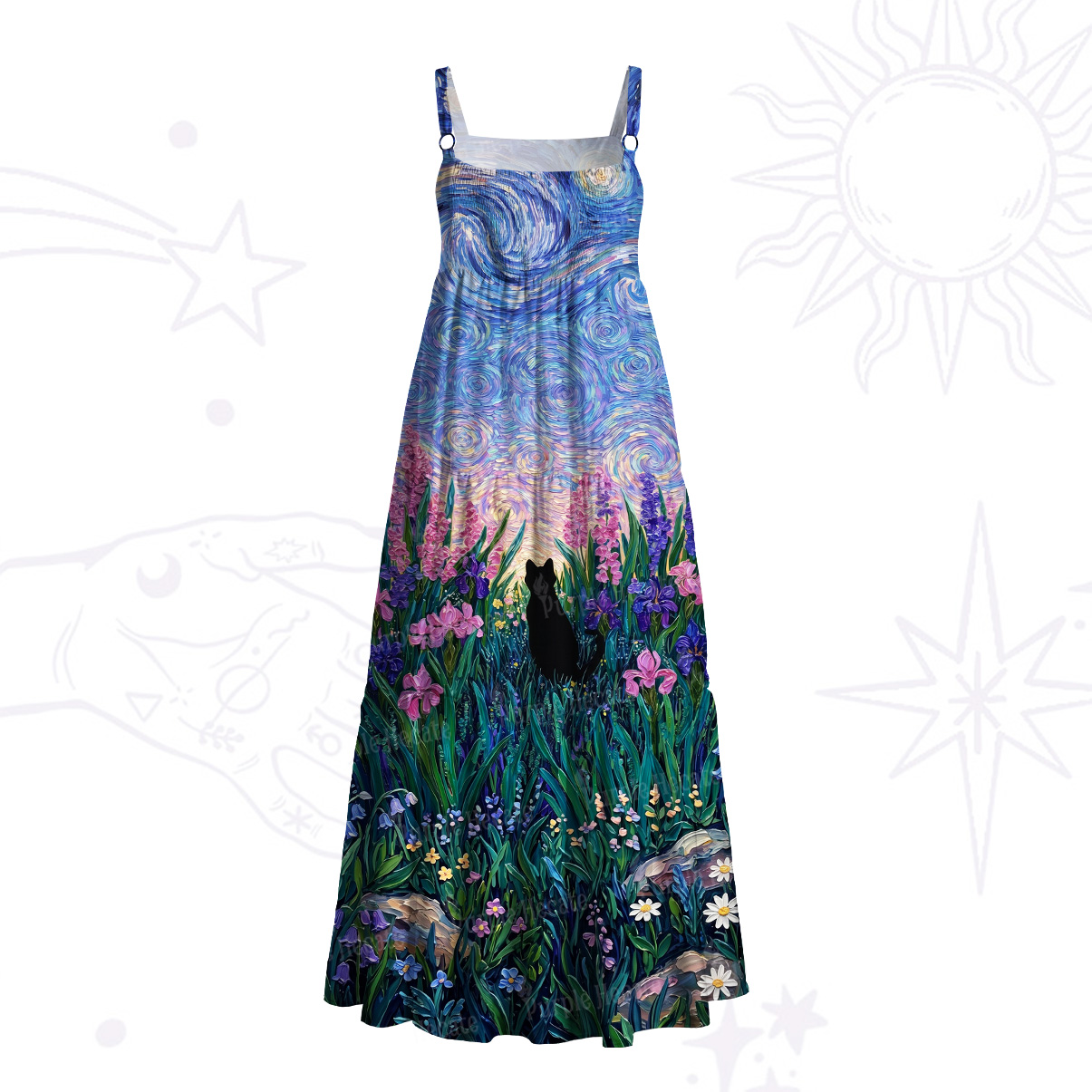 Purplehecate Starry Mystic Night Garden Cat Wide Straps Maxi Dress