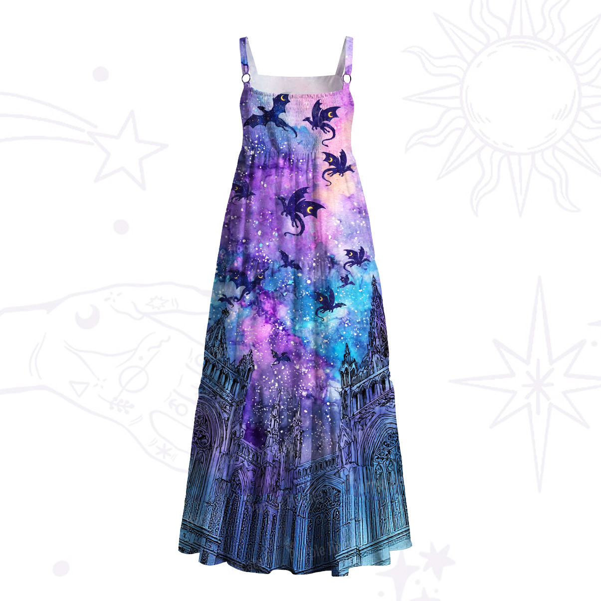 Purplehecate Cosmic Dragon Gothic Cathedra Wide Straps Maxi Dress