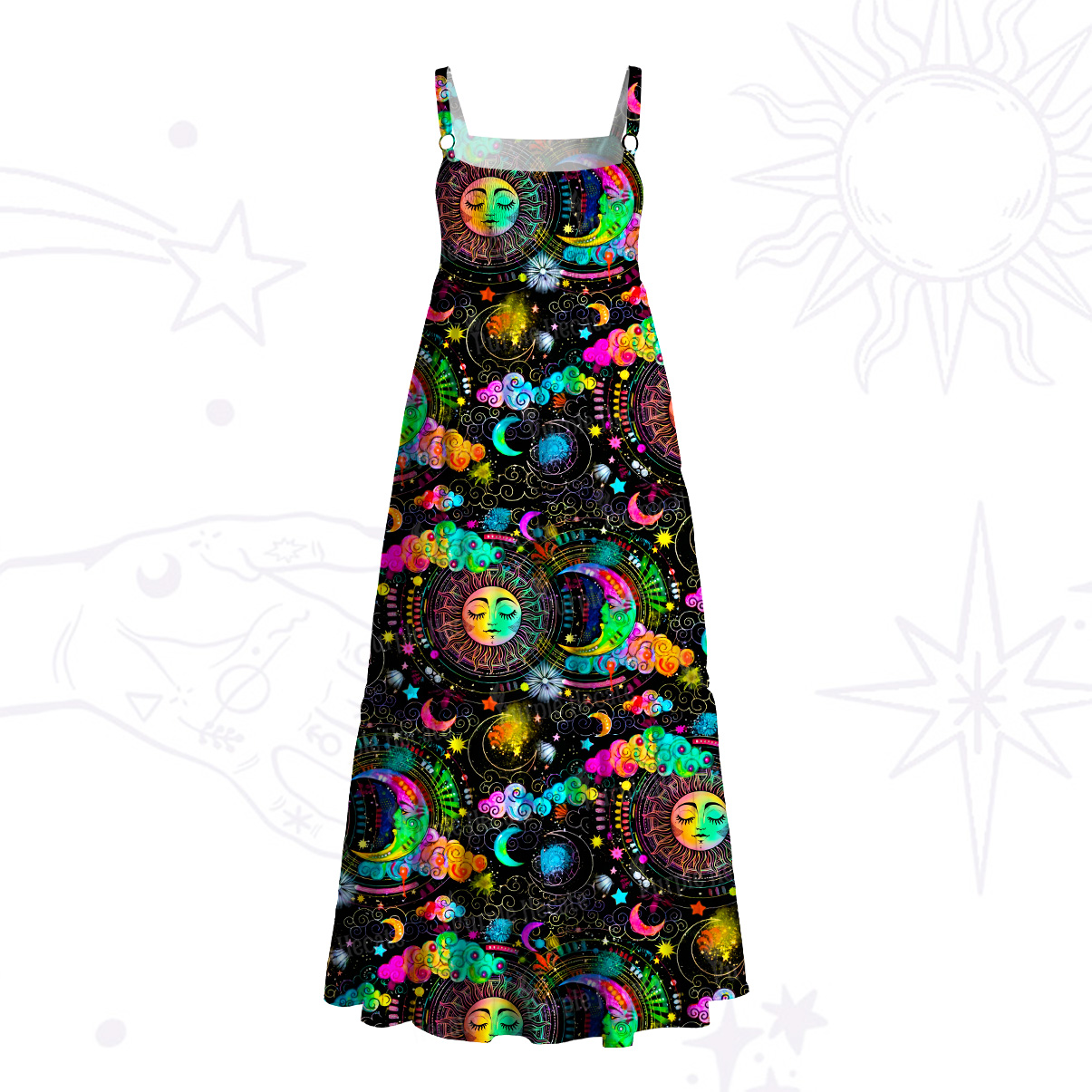 Purplehecate Stargazer Celestial Sun & Moon Wide Straps Maxi Dress