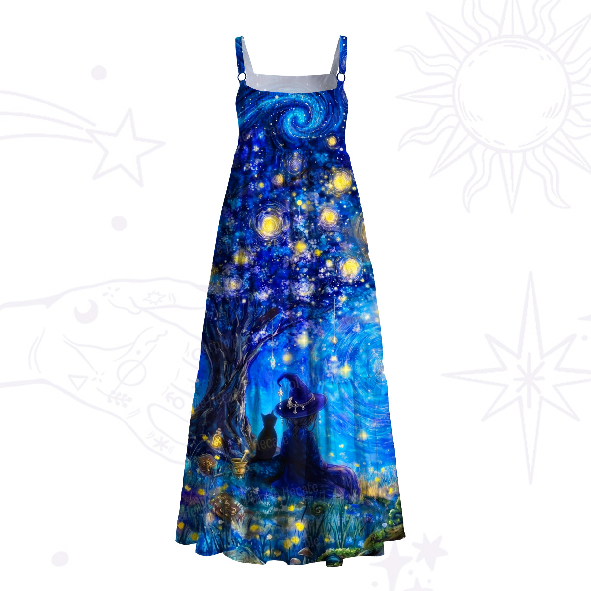 Purplehecate Moonlit Witch & Starry Cat Wide Straps Maxi Dress