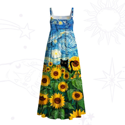 Purplehecate Starry Night Sunflower Black Cat Wide Straps Maxi Dress