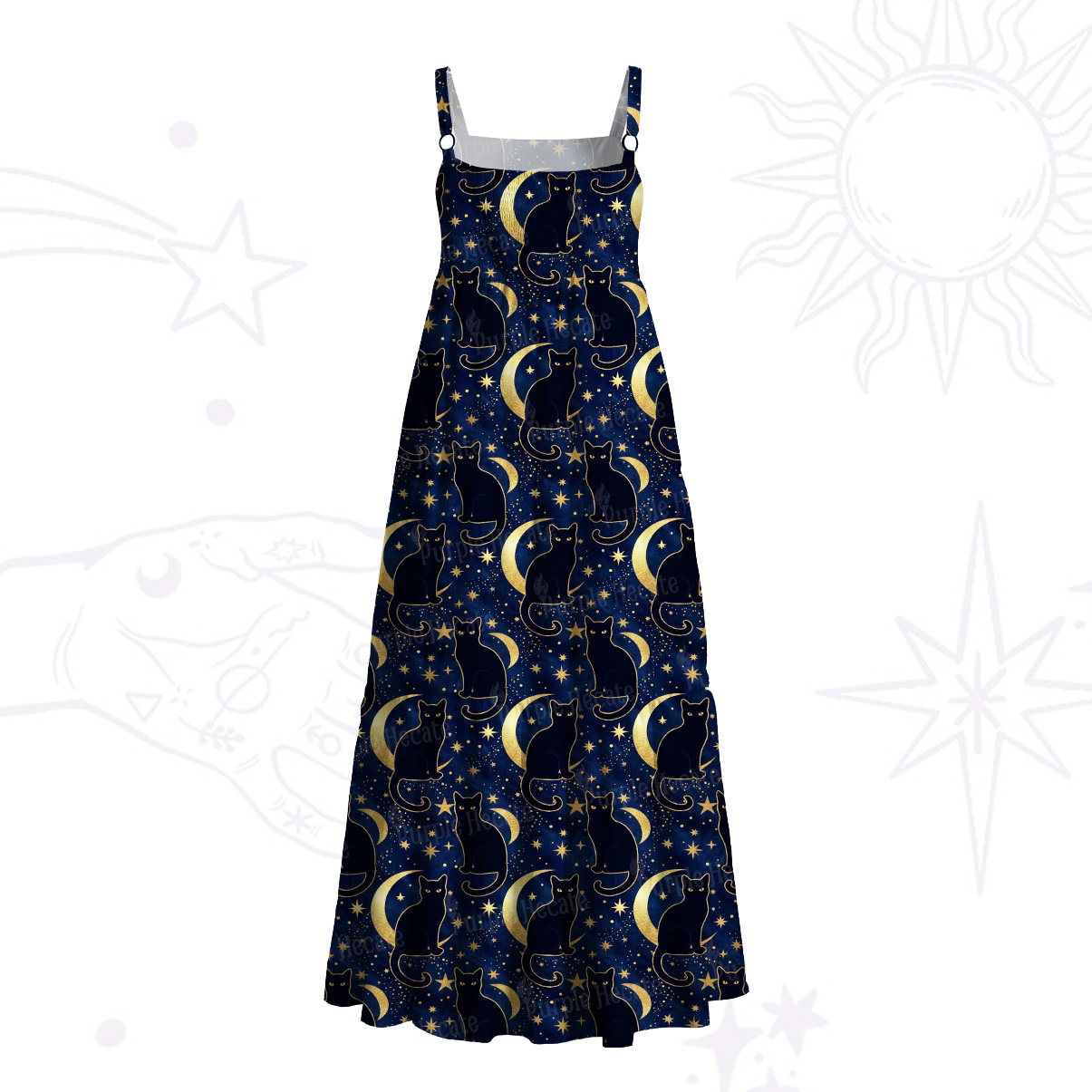 Purplehecate Starry Moon & Black Cat Wide Straps Maxi Dress
