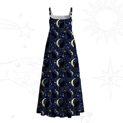 Purplehecate Starry Moon & Black Cat Wide Straps Maxi Dress