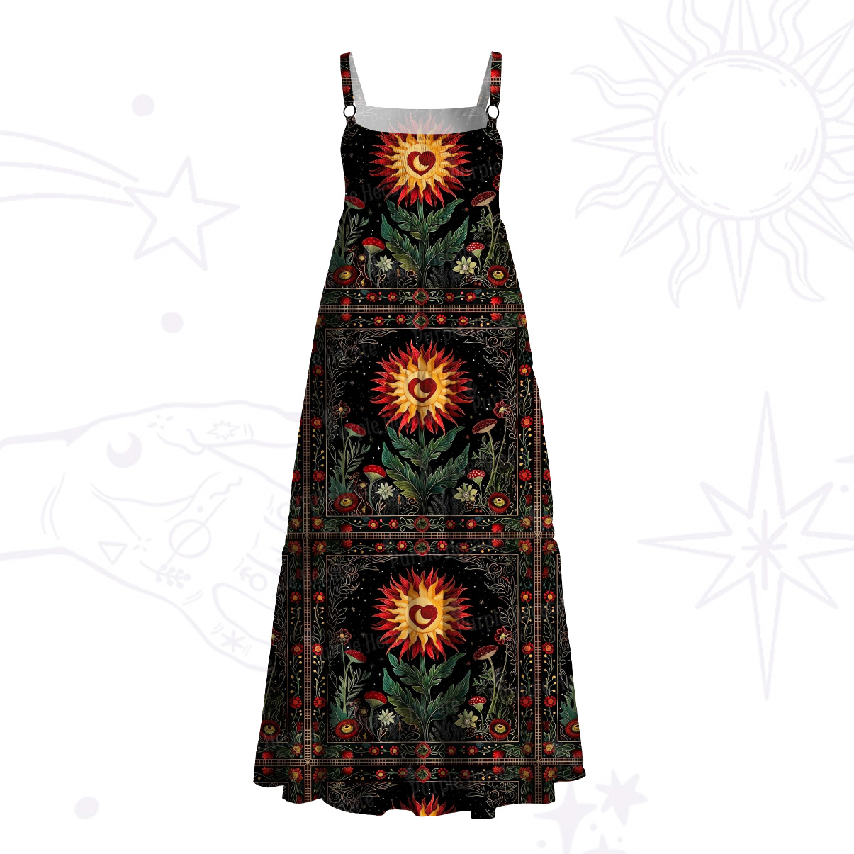 Purplehecate Heartfire Sunflower Bloom Wide Straps Maxi Dress