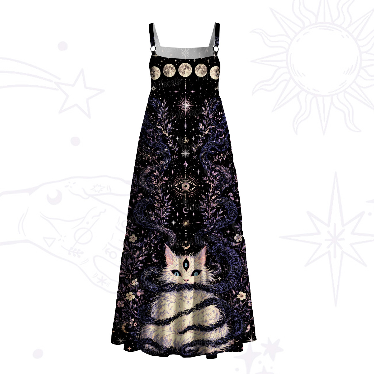 Purplehecate Moon Phase Oracle Cat Wide Straps Maxi Dress