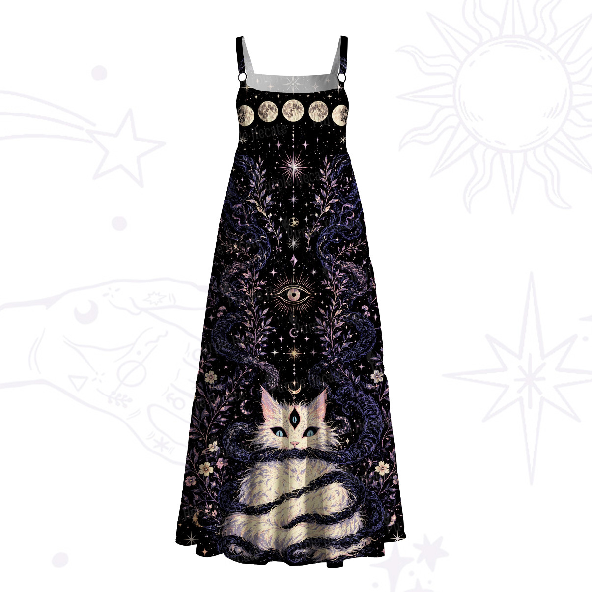 Purplehecate Moon Phase Oracle Cat Wide Straps Maxi Dress