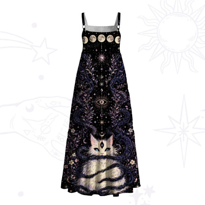 Purplehecate Moon Phase Oracle Cat Wide Straps Maxi Dress