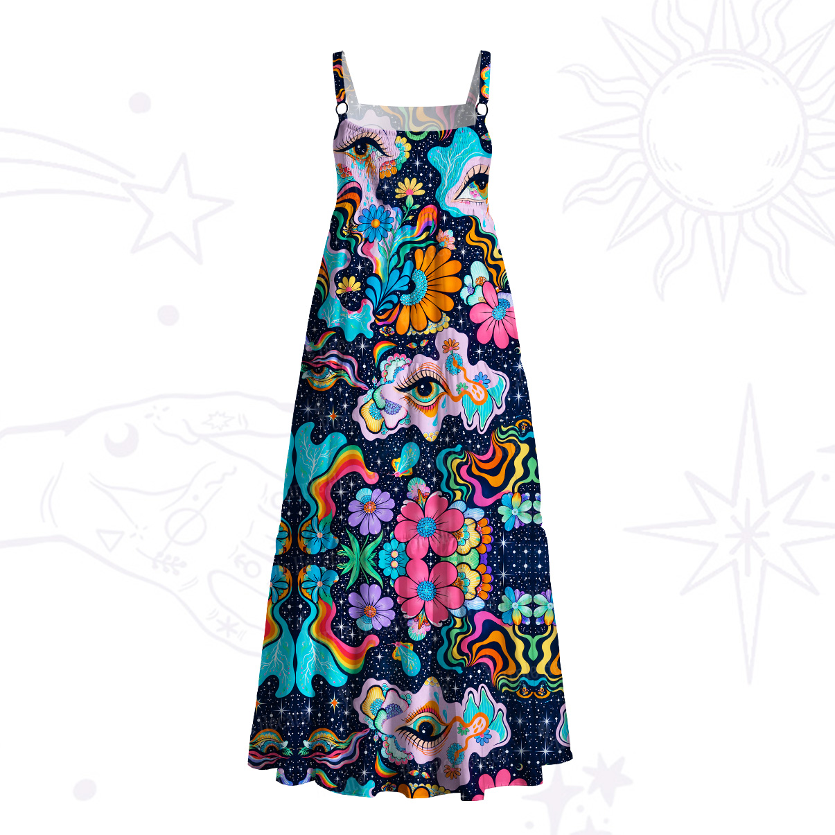 Purplehecate Psychedelic Bloom of the All-Seeing Eye Wide Straps Maxi Dress