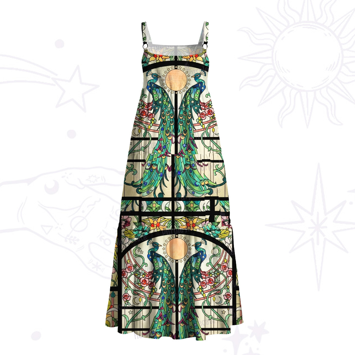 Purplehecate Mystic Peacock Stained Glass Wide Straps Maxi Dress