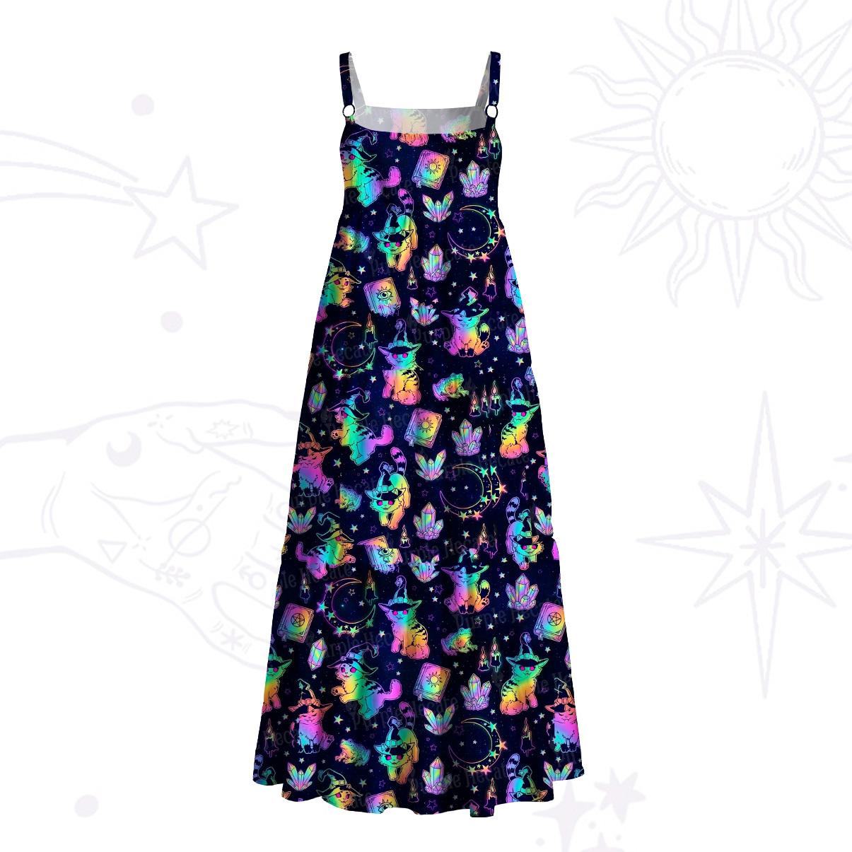Purplehecate Neon Moon Magic Cat Wide Straps Maxi Dress