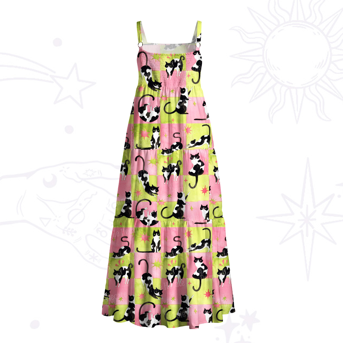 Purplehecate Whimsical Cow Cat Wide Straps Maxi Dress