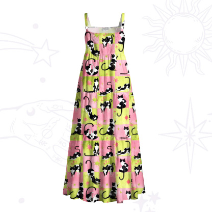 Purplehecate Whimsical Cow Cat Wide Straps Maxi Dress