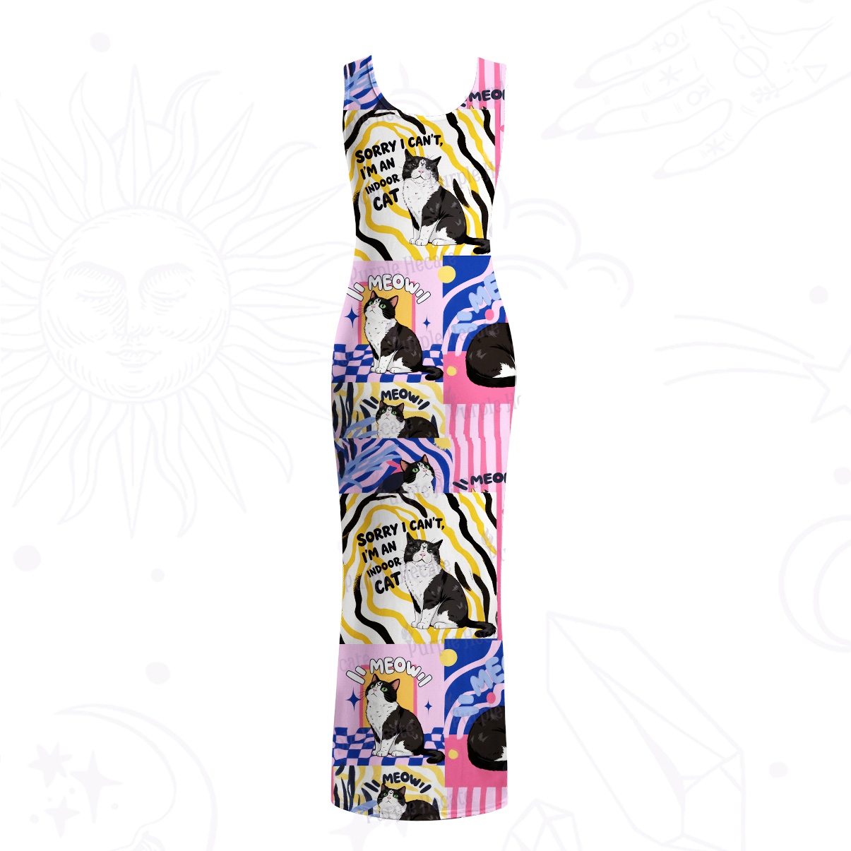 ]Purplehecate Sorry I Can't Go I'm an Indoor Cat Mesh Maxi Tank Beach Dress