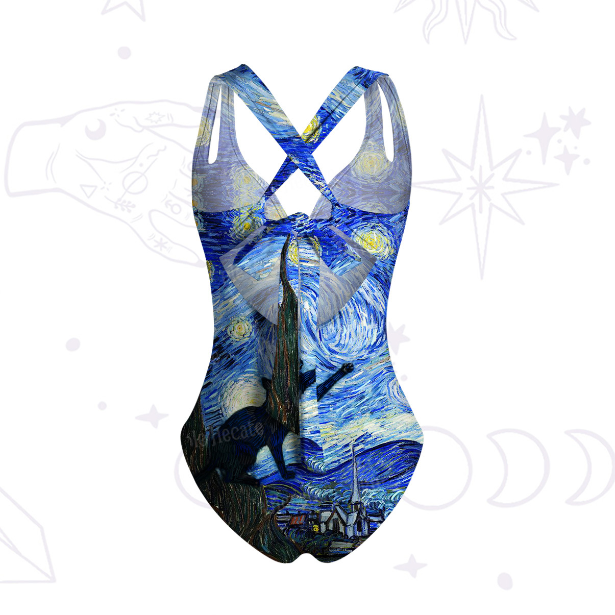 Purplehecate Witch Cat Under the Starry Night One-Piece Swimsuit