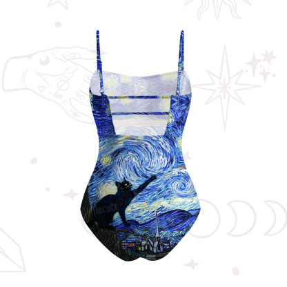 Purplehecate Witch Cat Under the Starry Night Slim-Strap Swimsuit
