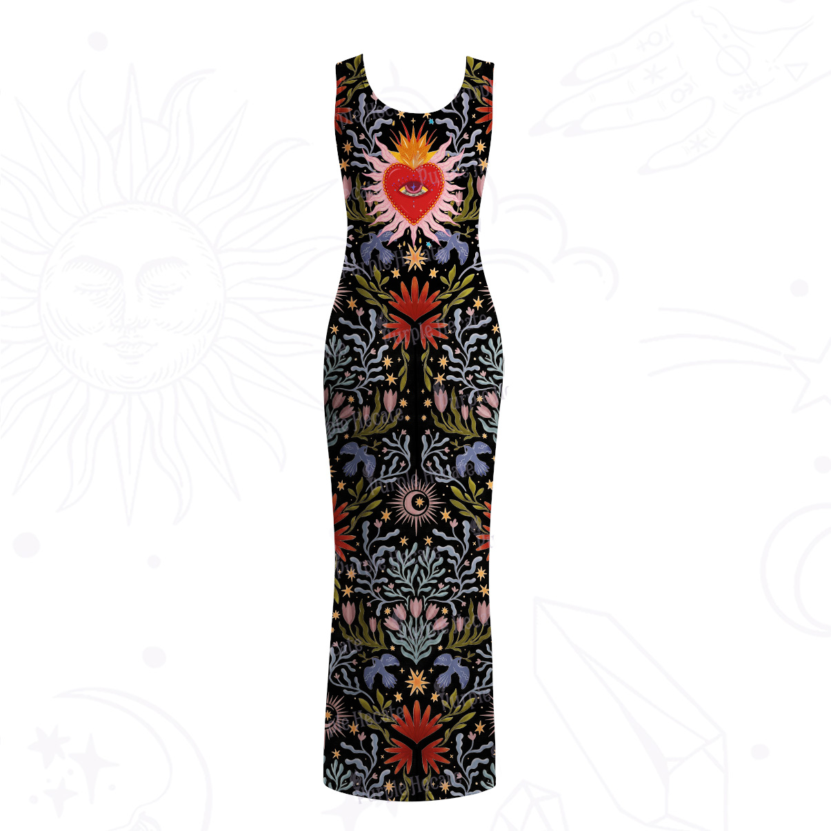 Purplehecate Sacred Flame Heart Mesh Maxi Tank Beach Dress