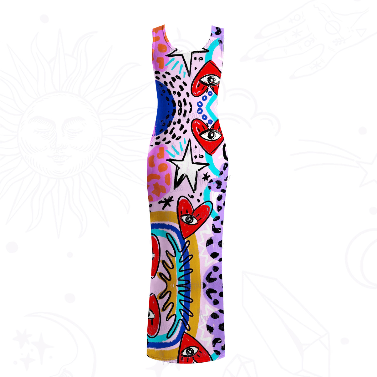Purplehecate Cosmic Love Eyes Graffiti Mesh Maxi Tank Beach Dress