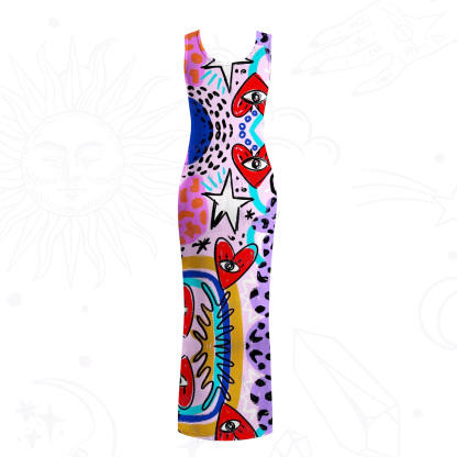 Purplehecate Cosmic Love Eyes Graffiti Mesh Maxi Tank Beach Dress