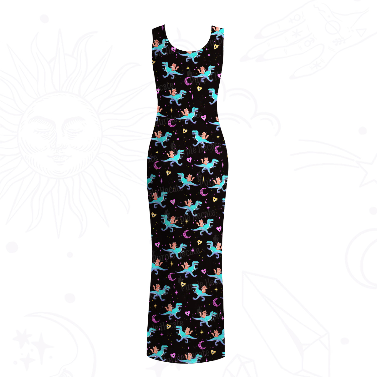 Purplehecate Witch Cat Rides the Dino Mesh Maxi Tank Beach Dress