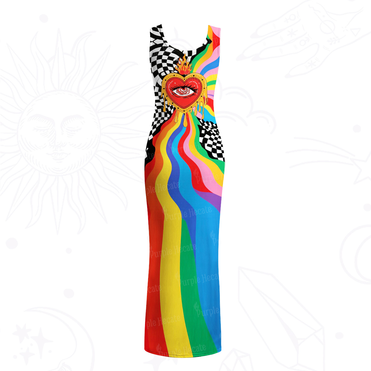 Purplehecate Trippy Rainbow Heart Eye Mesh Maxi Tank Beach Dress