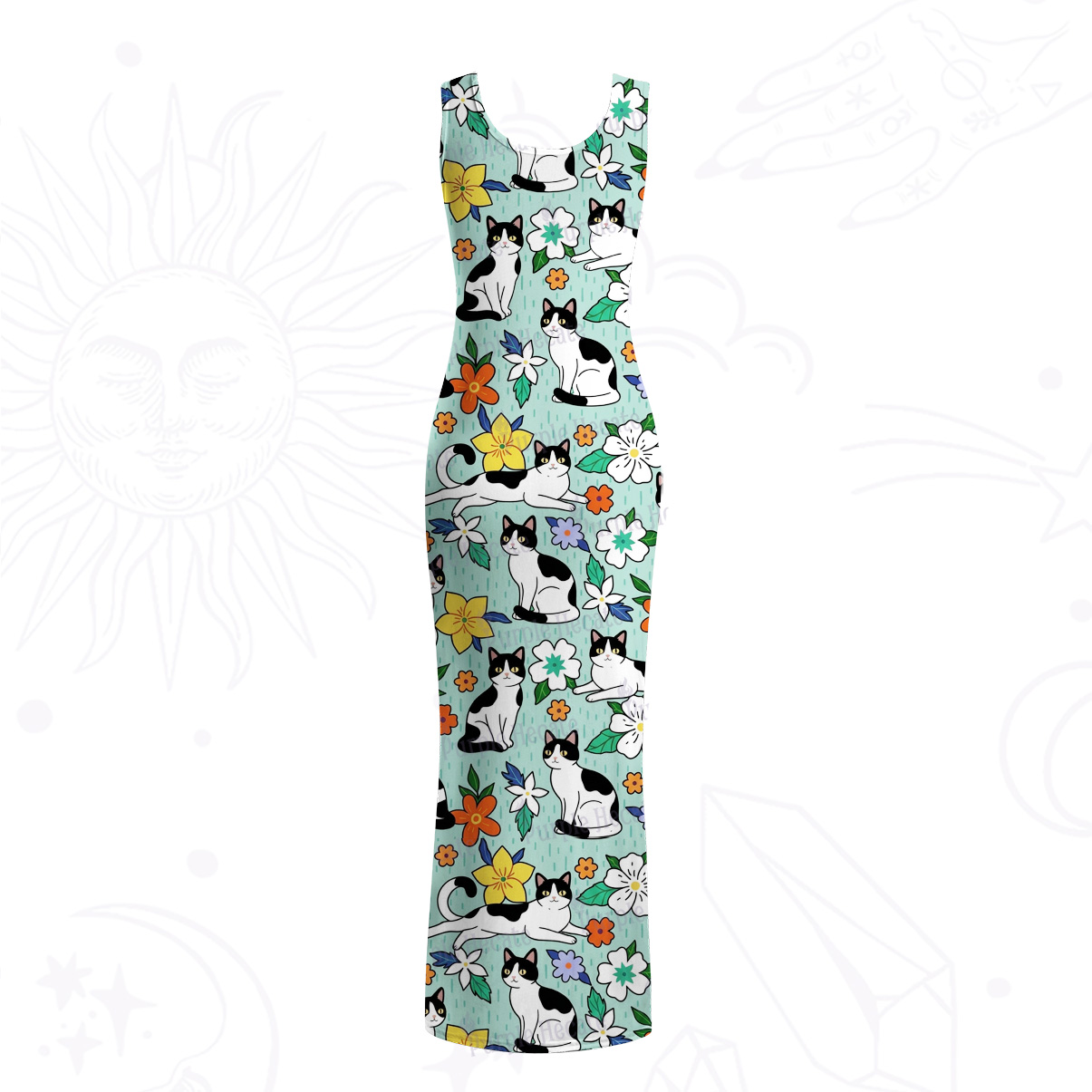 Purplehecate Enchanted Spring Whispering Cat Mesh Maxi Tank Beach Dress