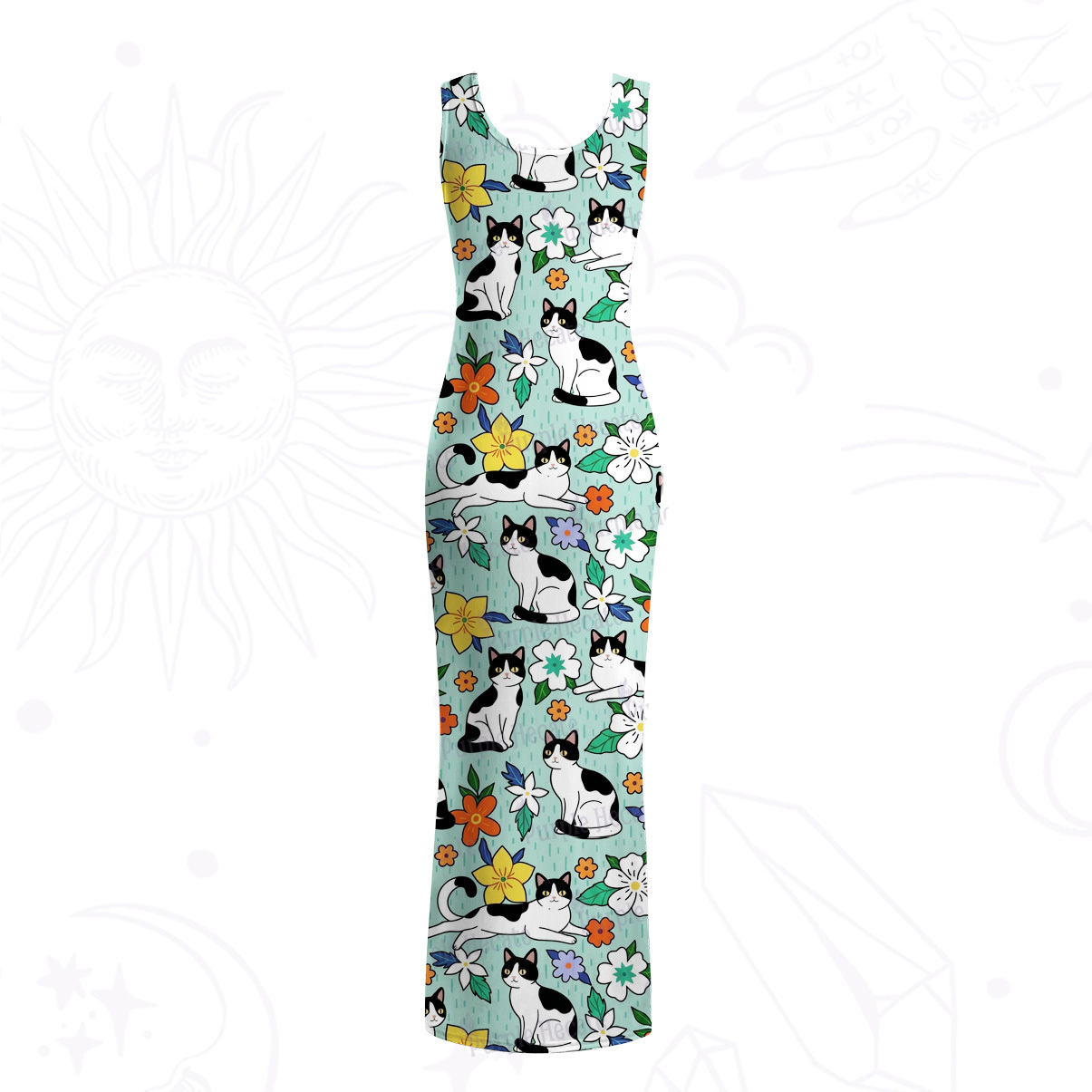 Purplehecate Enchanted Spring Whispering Cat Mesh Maxi Tank Beach Dress