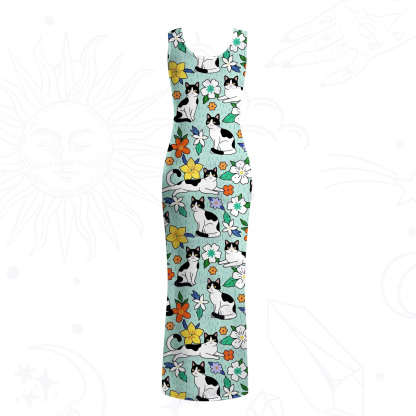 Purplehecate Enchanted Spring Whispering Cat Mesh Maxi Tank Beach Dress