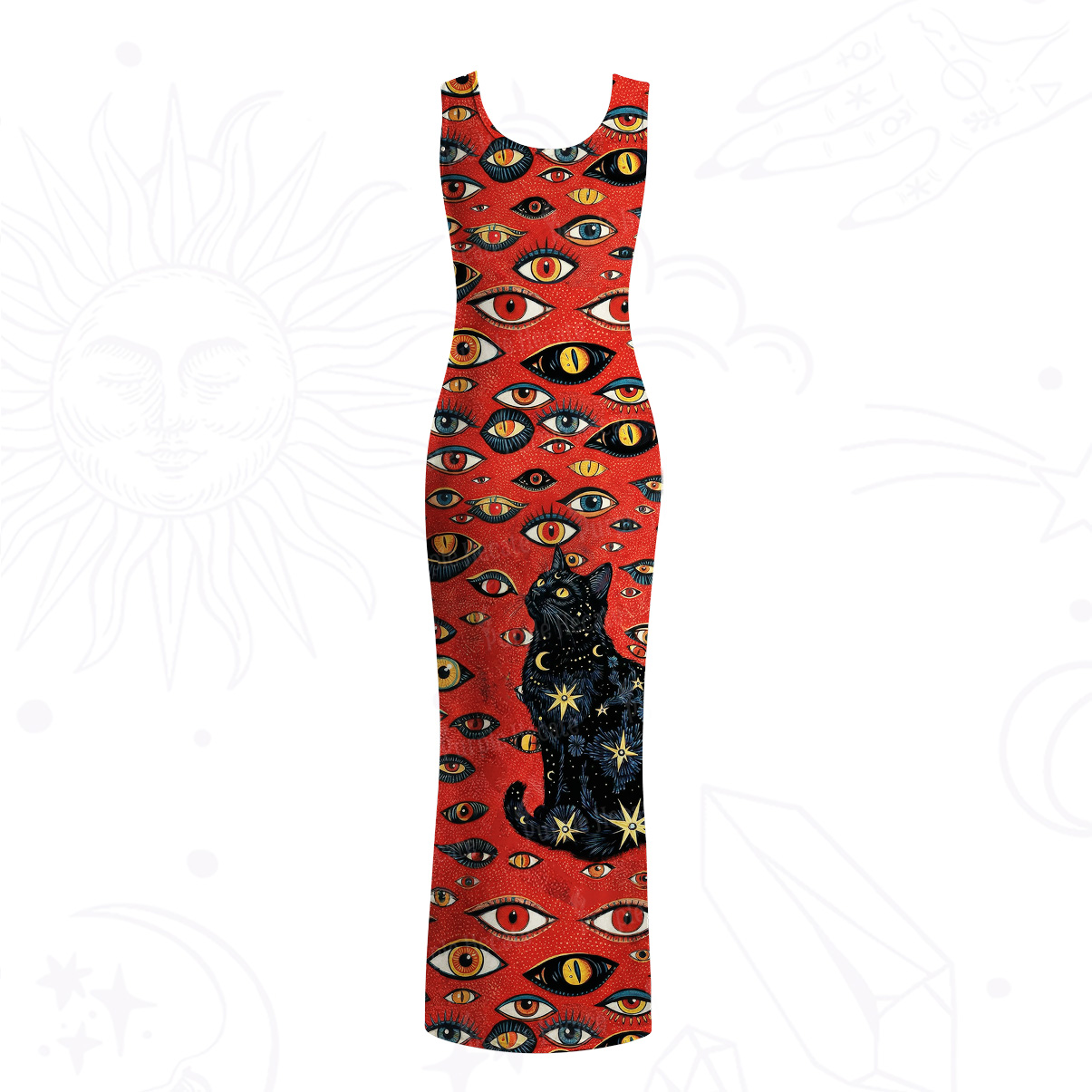 Purplehecate Cosmic Watcher Cat Mesh Maxi Tank Beach Dress