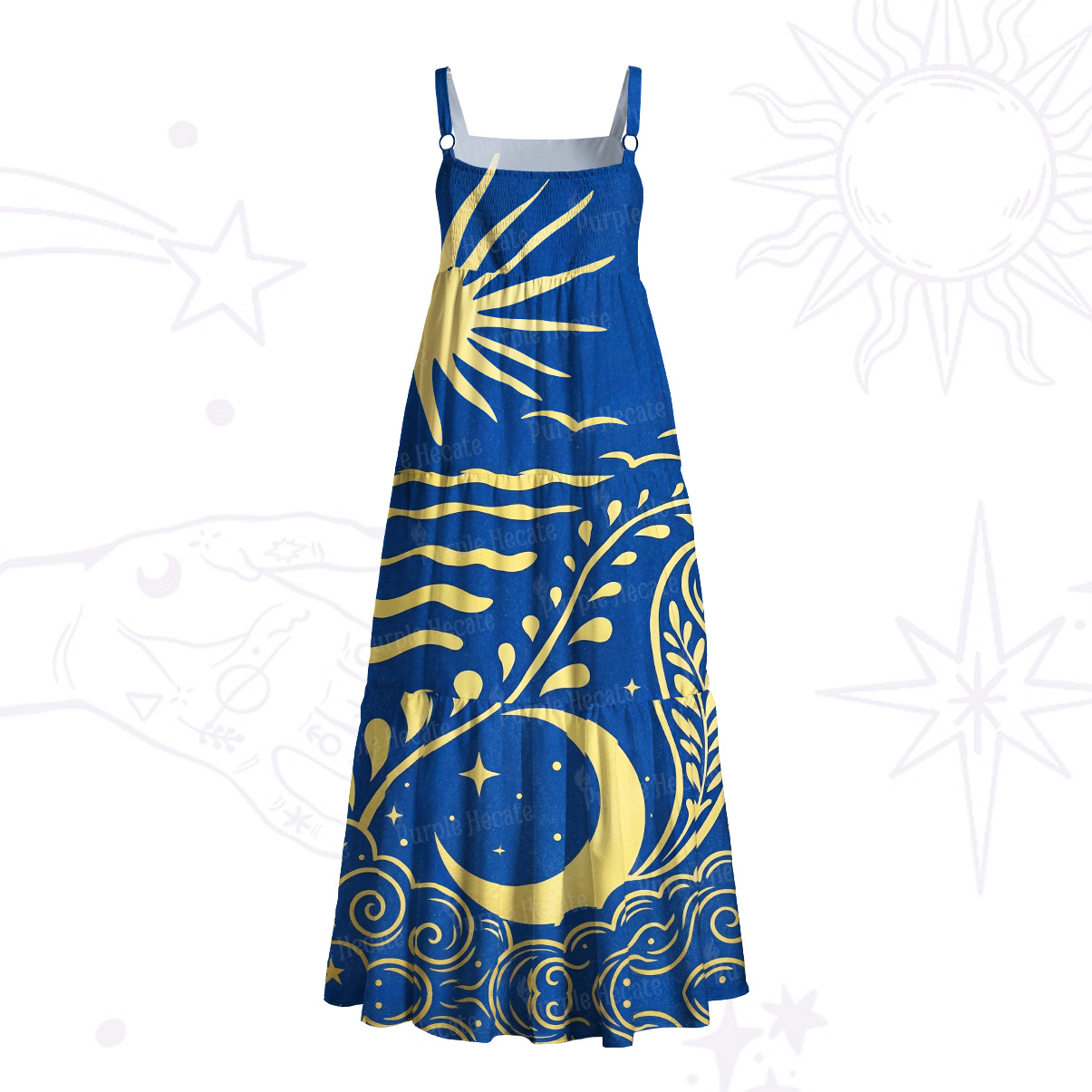 Purplehecate Celestial Sun Moon Waves Wide Straps Maxi Dress