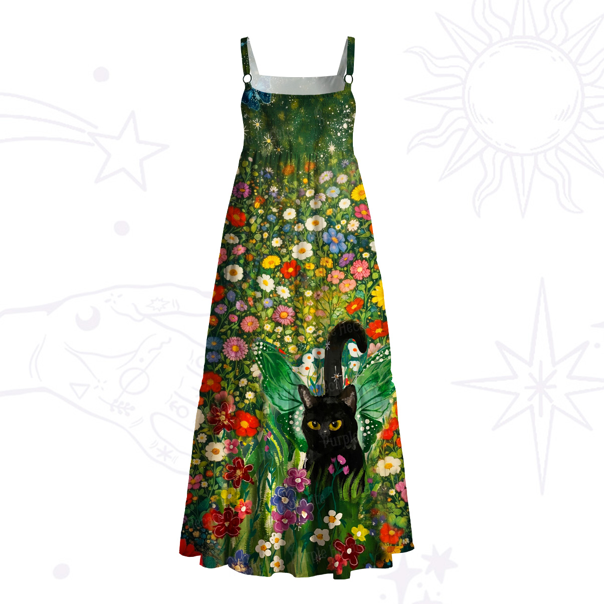 Purplehecate Magic Blooming Forest Black Cat Wide Straps Maxi Dress