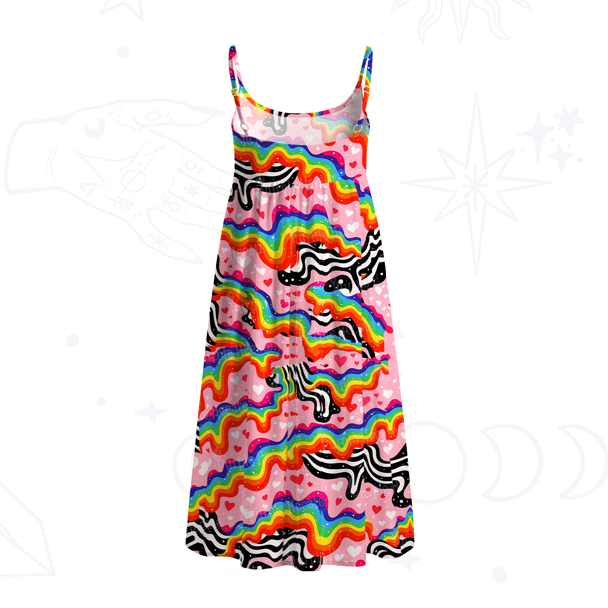 Purplehecate Groovy Melty Rainbow Hearts Wavy Spaghetti Strap Midi Dress