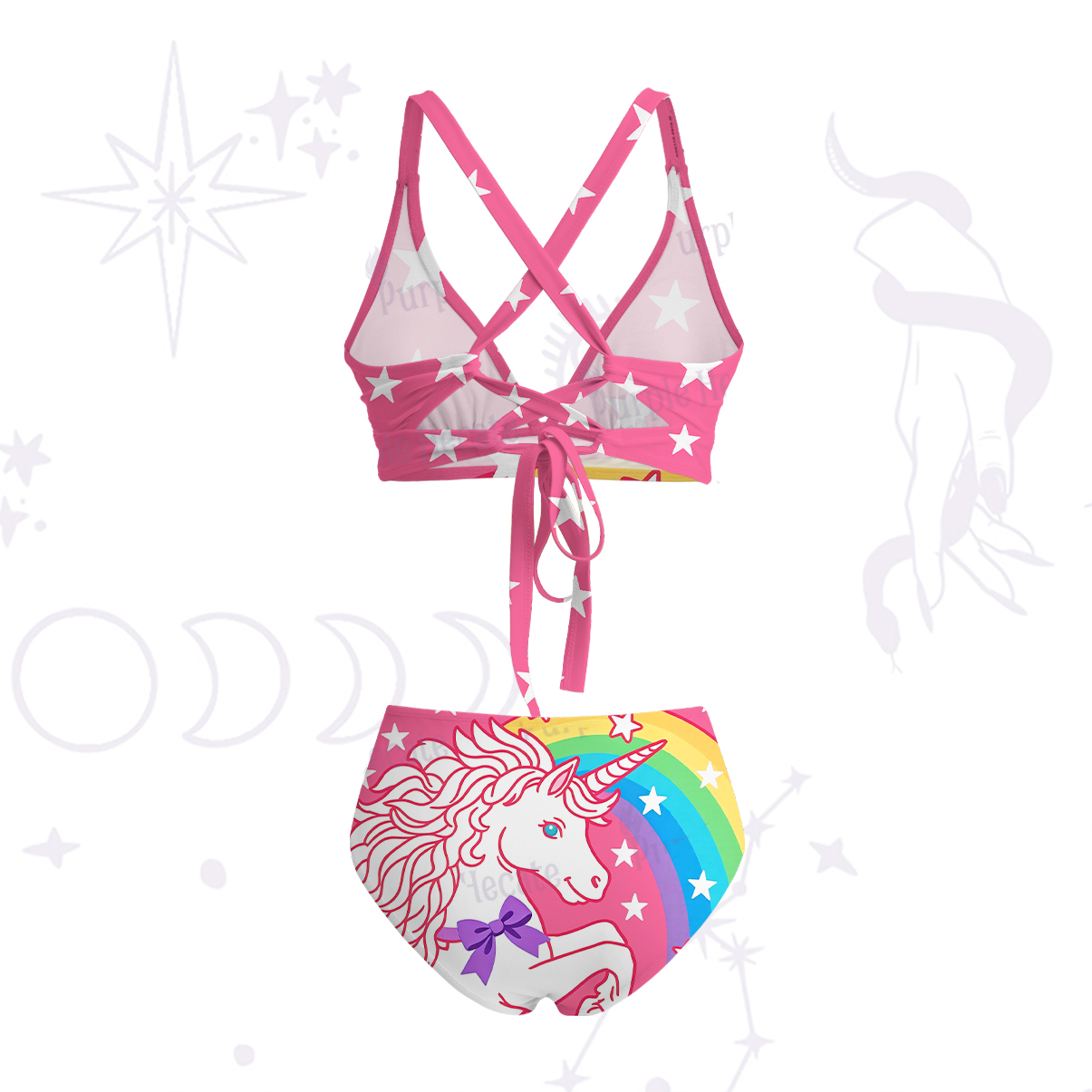 Purplehecate Dreamy Rainbow Unicorn Crisscross Tie-Back Bikini Set