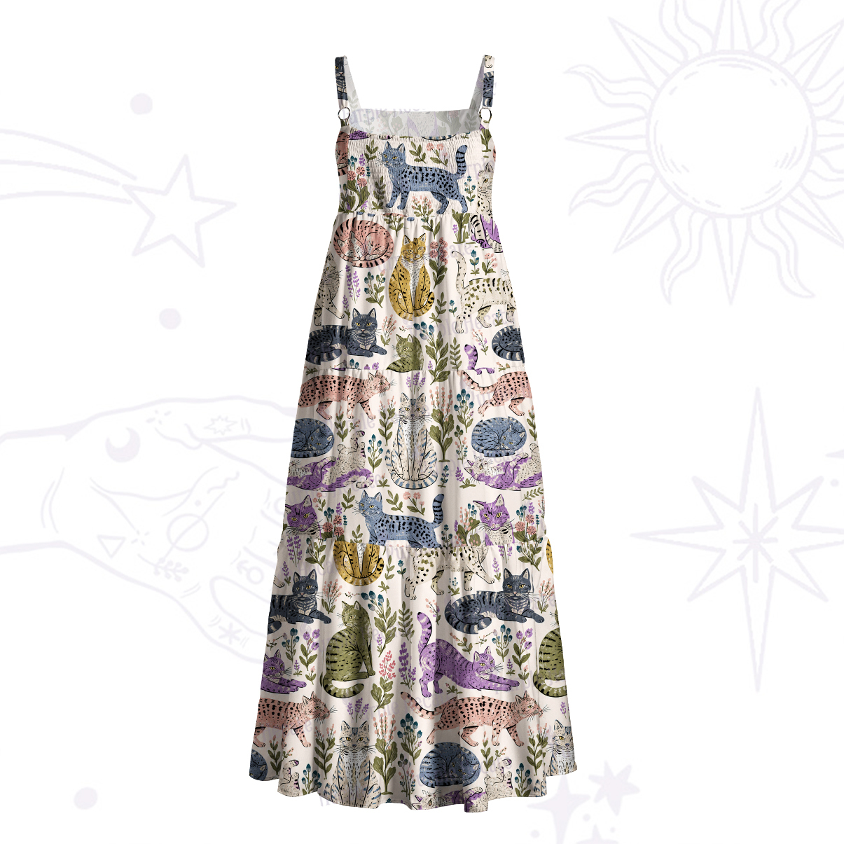 Purplehecate Lazy Garden Cats Wide Straps Maxi Dress