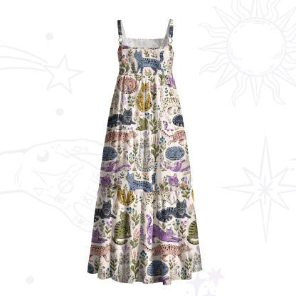 Purplehecate Lazy Garden Cats Wide Straps Maxi Dress