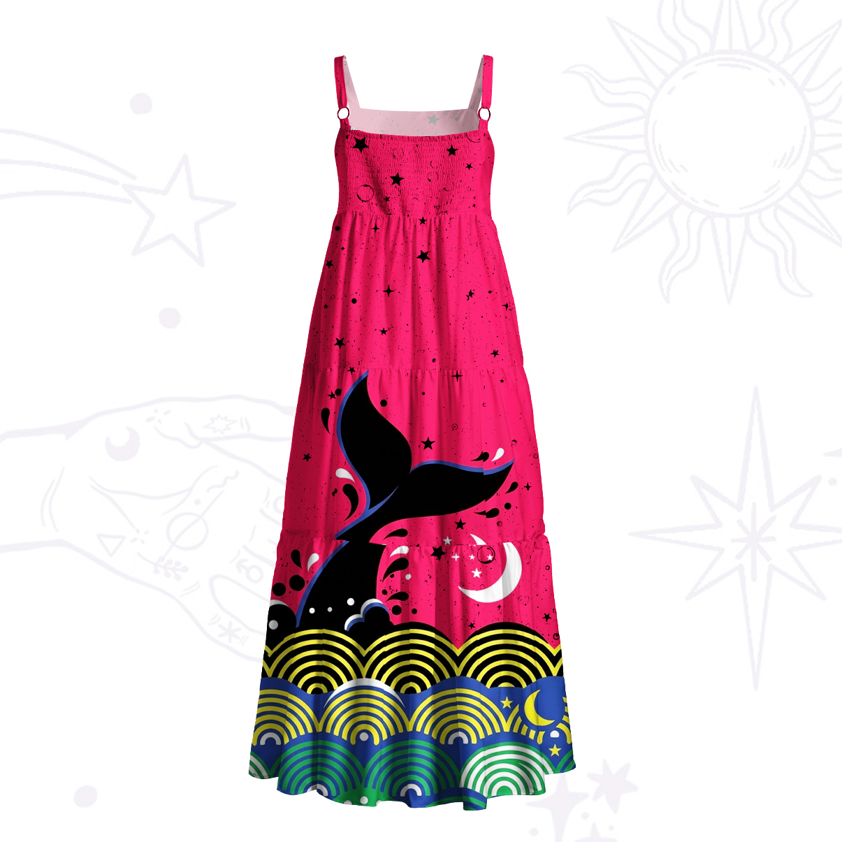 Purplehecate Starglow Whale Wave Wide Straps Maxi Dress