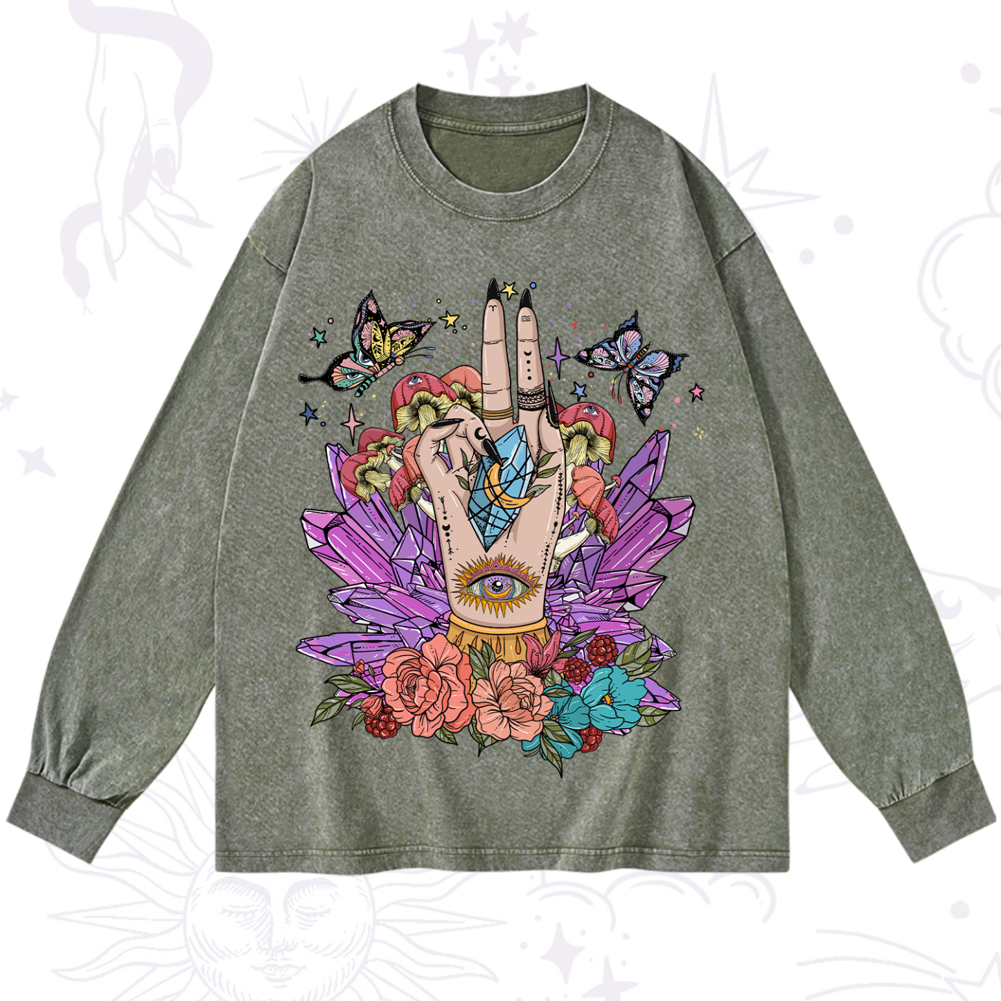 Purplehecate Mystic Crystal Divination Washed Long Sleeve Shirt
