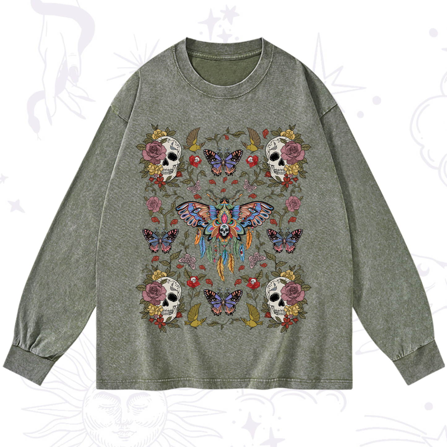 Purplehecate Moths Dancing Washed Long Sleeve Shirt