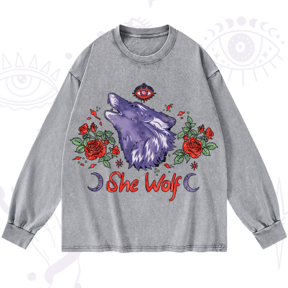 Purplehecate Moon Wolf Washed Long Sleeve Shirt