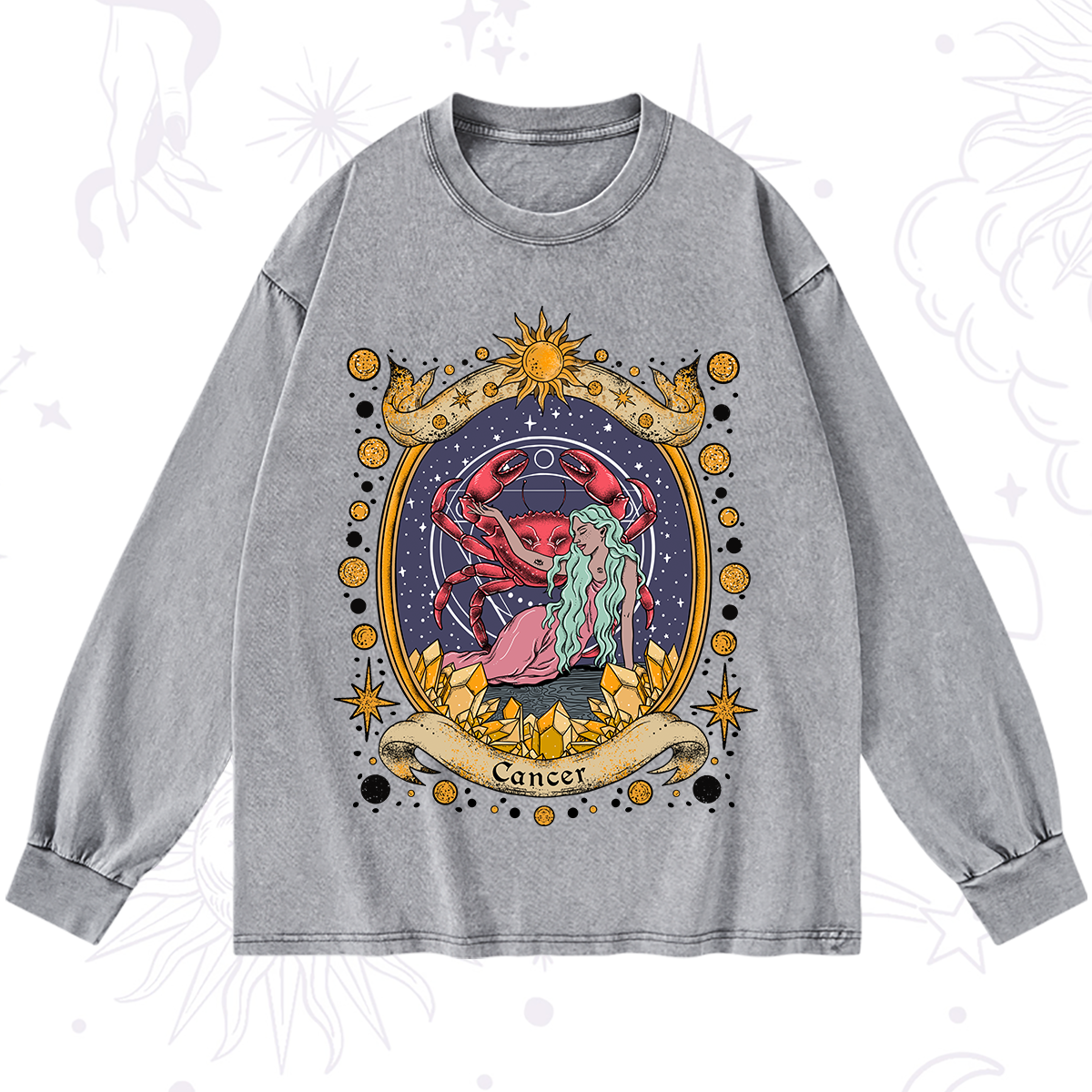 Purplehecate Celestial Cancer Zodiac Washed Long Sleeve Shirt