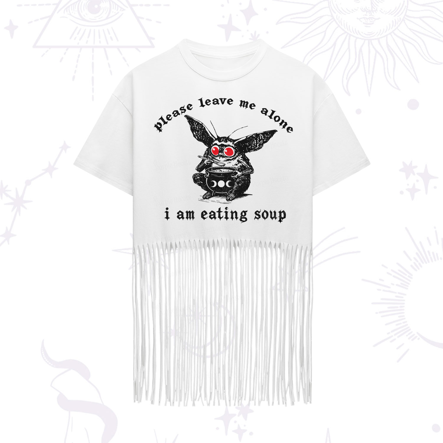Purplehecate Mothman Eating Soup Fringe Hem T-Shirt