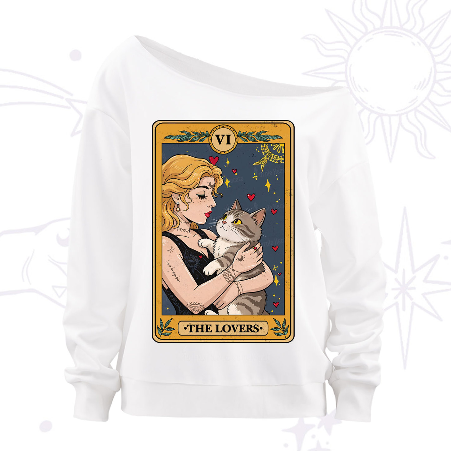 Purplehecate The Lovers Tarot for Cat Lovers Off The Shoulder Sweatshirt