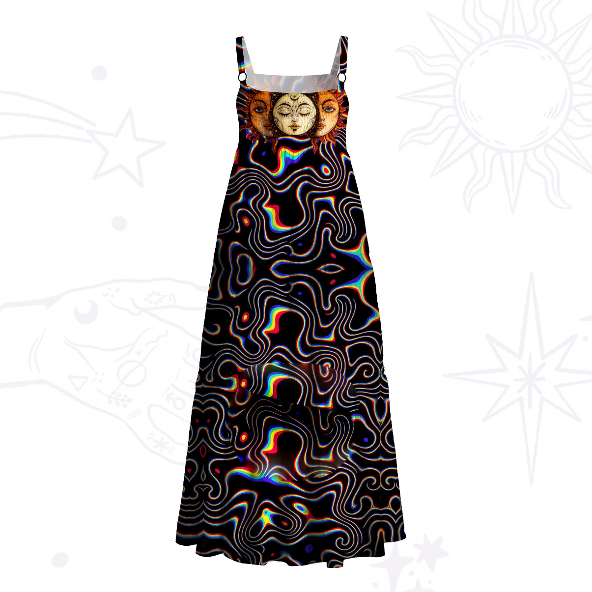 Purplehecate Psychedelic Sun and Moon Wide Straps Maxi Dress
